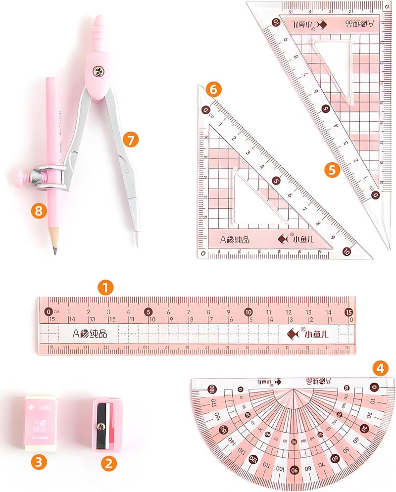 waremew 8 Pcs Compass/Math Set for Students with Shatterproof Storage Box, Geometry Set for School, Includes Ruler, Protractor, Compass, Pencil,Pencil Sharpener and Eraser,etc. Perfect Gift (Pink) - Image 2